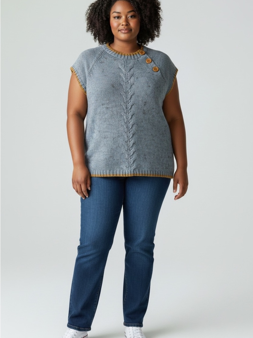 Cable-Knit Cap-Sleeve Sweater Poncho in Slate with Contrast Trim,Alpaca Blend
